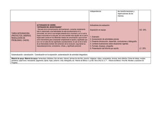 independencia.                             las transformaciones y
                                                                                                                                                                   repercusiones de los
                                                                                                                                                                   mismos.



                                       ACTIVIDADES DE CIERRE:                                                           Indicadores de evaluación:
                                       “ESTRAGOS DEL BICENTENARIO”
                                        Derivado de la conmemoración del bicentenario comentar ampliamente              Exposición en equipo                                                        GO 25%
                                       todo lo relacionado a las festividades de este acontecimiento en tu
TAREA INTEGRADORA                      comunidad, así como lo que tengas presente de tu municipio y en lo cual te
(PROYECTOS, DISEÑOS,                   hayas involucrado en la escuela, así como también todo aquello de lo cual te
                                       hayas dado cuenta en los diferentes medios de comunicación; que te sirvan        1. Extensión
RESOLUCIÓN DE
                                       como herramienta para comprender ampliamente el aporte y significado que         2. Incorporación de actividades previas
PROBLEMAS, CASOS)
                                       tuvo vivir en este año tan significativo acontecimiento; el cual va de la mano   3. Presenta Introducción, desarrollo, conclusiones y bibliografía
                                       de as festividades también del centenario de la revolución; argumenta tus        4. Contiene ilustraciones sobre situaciones vigentes
                                       respuestas(opiniones, comentarios, criticas, y significado personal)             5. Formato, limpieza, ortografía
                                                                                                                        6. Presentación del Informe por escrito                                     LC 25%


Autoevaluación, coevaluación. Coevaluación en la exposición, autoevaluación de actividad integradora.
Material de apoyo: Material de apoyo: hemeroteca, biblioteca, libro de texto, Internet, laminas de rota folio, pizarrón, imágenes, videos, computadora, laminas, texto didáctico, fichas de trabajo, revistas,
periódicos, papel bond, marcadores, pegamento, tijeras, hojas, pintarron, cinta, bibliografía, etc. Historia de México I Luz Ma. Silva Ortiz Ed. S. T. , Historia de México I Ana Ma. Morales y coautores Ed.
Progreso.
 