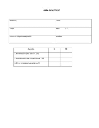 LISTA DE COTEJO




Bloque IV:                                                    Fecha:



Tema:                                                         Valor:    / 15



Producto: Organizador gráfico                                 Nombre:




                           Aspectos                      SI             NO

        1. Plantea conceptos básicos. (10)

        2. Contiene información pertinente. (10)

        3. Otros limpieza e ilustraciones.(5)
 