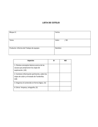 LISTA DE COTEJO



Bloque V:                                                    Fecha:



Tema:                                                        Valor:    / 30



Producto: Informe del Trabajo de equipos                     Nombre:




                           Aspectos                     SI             NO

        1. Plantea conceptos básicos acerca de las
        causas que propiciaron los viajes de
        exploración. (10)

        2. Contiene información pertinente, sobre los
        viajes de colón y el tratado de Tordesillas.
        (10)

        3. Organiza el contenido en forma lógica. (5)

        4. Otros limpieza, ortografía. (5)
 