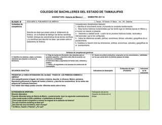 COLEGIO DE BACHILLERES DEL ESTADO DE TAMAULIPAS
                                                             ASIGNATURA: Historia de México I                        SEMESTRE 2011-A

BLOQUE III              DESCUBRE EL POBLAMIENTO DE AMÉRICA                                                                   Tiempo: 16 Febrero- 01 Marzo      hrs. 6/4 Sesiones
Unidad(es) de                                                                                   Competencia(s) disciplinar(es) básica(s):
competencia                                                                                     1.- Identifica el conocimiento social y humanista en constante transformación.
                                                                                                2.- Sitúa hechos históricos fundamentales que han tenido lugar en distintas épocas en México y
                                                                                                el mundo con relación al presente
                        Describe las ideas que existen sobre el doblamiento de
                                                                                                3.- Interpreta su realidad social a partir de los procesos históricos locales, nacionales e
                        América con la finalidad de distinguir las teorías científicas.
                                                                                                internacionales que la han configurado.
                        También distingue las características de las teorías científicas
                                                                                                4.- Valora las diferencias sociales, políticas, económicas, étnicas, culturales y geográficas de un
                        y no científicas para describir las ideas que existen sobre el
                                                                                                acontecimiento.
                        doblamiento de América.
                                                                                                5.- Establece la relación entre las dimensiones políticas, económicas, culturales y geográficas de
                                                                                                un acontecimiento.


                                                                                  Atributos de competencias genéricas
                                                    6.1 Elige las fuentes de información más relevantes para un         8.3 Asume una actitud constructiva, congruente con los conocimientos y habilidades
5.3 Identifica los sistemas y reglas o principios   propósito específico y discrimina entre ellas de acuerdo a su       con los que cuenta dentro de distintos equipos de trabajo
medulares que subyacen a una serie de               relevancia y confiabilidad.
fenómenos.                                          6.4 Estructura ideas y argumentos de manera clara, coherente y
                                                    sintética.
                                                    7.1 Define y da seguimiento a sus procesos de construcción de
                                                    conocimiento.
                                                                                                                                                                 Evidencias de logro           Instrument
SECUENCIA DIDACTICA                                                                                                       Indicadores de desempeño                   (Portafolio)                 os de
                                                                                                                                                                                               evaluación
PRESENTAR LA TAREA INTEGRADORA DEL BLOQUE “PASOS DE LOS PRIMEROS HOMBRES A
AMÉRICA”
Ubica geográficamente la llegada del hombre a América, describe la influencia Melano- polinésica.
Representa gráficamente la llegada del hombre a América y describe las características de los restos más
antiguos del Continente Americano.
Para realizar este trabajo puedes consultar diferentes textos sobre el tema.


ACTIVIDADES DE APERTURA:                                                                                                Participación del alumno
Situación detonadora                                                                                                    Esquema de introducción al
Presentar diferentes textos de Historia de México y posteriormente hacer los siguientes cuestionamientos:               bloque
¿Cómo puede ayudar el ADN a establecer el poblamiento de América?
¿Cómo puede ayudar la lingüística a conocer los orígenes de la población de América?
¿Por qué el Estrecho de Bering se llamó así?
¿Qué está más cerca de América, Asía o Europa?
Y de México, España o Filipinas?, ¿Por qué?
 