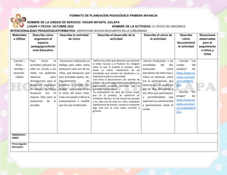 FORMATO DE PLANEACIÓN PEDAGÓGICA PRIMERA INFANCIA
NOMBRE DE LA UNIDAD DE SERVICIO: HOGAR INFANTIL GALAPA
LUGAR Y FECHA: OCTUBRE 2022 NOMBRE DE LA ACTIVIDAD: EL OFICIO DEL MECANICO
INTENCIONALIDAD PEDAGÓGICA/FORMATIVA: IDENTIFICAR OFICIOS RELEVANTES EN LA COMUNIDAD
Materiales
a Utilizar
Describa cómo
organizará el
espacio
pedagógico/Ambi
ente Educativo
Describa la actividad
de inicio
Describa el desarrollo de la
actividad
Describa el cierre de
la actividad
Describa
cómo
documentará
la actividad
Situaciones
observadas
para el
seguimiento
a niños y
niñas
Canción –
ficha –
semillas –
escarcha -
colbón
Para iniciar la
actividad colocaré las
sillas en círculo y así
todos nos podemos
observar para
distinguirnos, para el
desarrollo organizaré
las mesas y las sillas y
finalizaré con el
espacio libre para la
evaluación de la
jornada.
Iniciaremos realizando un
diálogo para saber cómo
amaneció cada uno de los
niños, qué desayunó, qué
otra actividad realizó, etc.
Seguidamente, les
enseñaré la canción “Ser
amigos” para iniciarlos en
el tema del buen trato.
Cada uno pasará a llenar la
autoasistencia a medida
que los voy nombrando.
Pediré a los niños que observen con atención
el video musical y al finalizar les indagaré
sobre lo que le sucedió al autobús, ellos
harán su relato. Hablaremos de las
actividades que realizan los mecánicos y su
importancia para la comunidad.
Esta ficha la decoraremos con semillas de
colores, las cuales pegaremos con colbón y le
aplicaremos escarcha, veremos que ha
quedado muy hermoso.
Se acomodarán las sillas del mismo modo
que en el autobús, Se nombrará un
conductor del bus, el cual avisará las paradas
y en cada una de ellas los niños cambiarán
rápidamente de puesto, cuando el conductor
diga este bus se varó todos correrán y
gritarán.
Damos finalización a las
actividades del día,
evaluando como
estuvieron los niños hoy y.
Cómo se sintieron, como
fue la participación, que
observe que les gustó del
día de hoy, felicitando a
los niños que participaron
y permitiéndoles que
expresen sus sentimientos
y apreciaciones sobre lo
vivido.
- Canción “Las
ruedas del
autobús” de:
https://www.yo
utube.com/wat
ch?v=qXi6NTS-
qXU
- Canción: “Ser
amigos” de:
https://www.yo
utube.com/wat
ch?v=Jb6mMFrX
D2o
OBSERVACI
ONES:
Firma Agente
Educativa:
 
