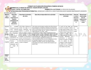 FORMATO DE PLANEACIÓN PEDAGÓGICA PRIMERA INFANCIA
NOMBRE DE LA UNIDAD DE SERVICIO: HOGAR INFANTIL GALAPA
LUGAR Y FECHA: OCTUBRE 2022 NOMBRE DE LA ACTIVIDAD: EL OFICIO DEL PELUQUERO
INTENCIONALIDAD PEDAGÓGICA/FORMATIVA: LOGRAR QUE EL NIÑO EN EL JUEGO PUEDA REALIZAR DE MANERA INDEPENDIENTE DIFERENTES
ACCIONES IMITATIVAS.
Materia
les a
Utilizar
Describa
cómo
organizará el
espacio
pedagógico/A
mbiente
Educativo
Describa la actividad
de inicio
Describa el desarrollo de la actividad Describa el cierre de la
actividad
Describ
a cómo
docume
ntará la
activida
d
Situaciones
observadas
para el
seguimiento
a niños y
niñas
Dinámic
a –
espejo
– peine
– gel –
secador
–
colores
– tijeras
-
crayolas
La jornada
iniciará con una
mesa redonda
para la actividad
de bienvenida,
luego
trabajaremos
ubicándonos en
las mesas y para
finalizar el
espacio estará
despejado para
el juego de
cierre.
Entre todos, realizamos la
oración del ángel de la
guarda, pidiéndoles que
adopten la posición de
juntar las manos y cierren
los ojitos. Tomaré asistencia
con la dinámica “soy una
serpiente”. Les enseñaré la
canción “La hora de comer”
para hacer una iniciación al
tema del día de hoy y pasar
a recibir el refrigerio.
Para realizar esta actividad, enseñaré a los niños la lámina
de la peluquería y la barbería y realizaré una conversación
sobre el trabajo que realiza y los utensilios que utiliza como
tijeras, peine, secador, gel, etc. También se trabajará en el
juego tradicional: A la rueda - rueda.
Con ayuda de un espejo y algunos utensilios que usa el
peluquero, como son: peine, gel, secador, ligas, etc. Ayudaré
a todos los niños a mejorar su presentación personal por
medio del peinado. Luego cada uno de los niños se volverá a
mirar en el espejo e identificará las diferencias.
Daré a los niños dos fichas, una con el dibujo de un rostro,
el cual deben maquillar y la otra con dos estilos de
cabelleras, que deben recortar y que además pueden
intercambiar con el rostro, veremos cómo me parece que
queda mejor.
A través de este juego, que
consiste en esconder un objeto
en algún lugar del hogar sin que
los niños observen, y a la voz de
“Pollitos a comer” todos salen a
buscarlo, el primero que lo
encuentre pasará al frente y
expresará libremente sus
sentimientos y emociones
durante la jornada. A la llegada
de los papitos los niños
entregaran el plato saludable y
les pediré que lo analicen y
empiecen en casa a fomentar
estos hábitos en los niños.
Canción
“A la
rueda –
rueda”
OBSERVA
CIONES:
Firma
Agente
Educativa:
 