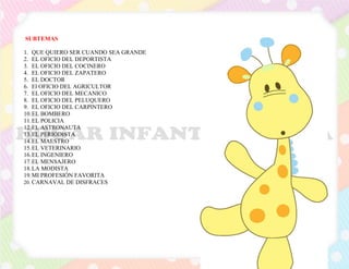 SUBTEMAS
1. QUE QUIERO SER CUANDO SEA GRANDE
2. EL OFICIO DEL DEPORTISTA
3. EL OFICIO DEL COCINERO
4. EL OFICIO DEL ZAPATERO
5. EL DOCTOR
6. El OFICIO DEL AGRICULTOR
7. EL OFICIO DEL MECANICO
8. EL OFICIO DEL PELUQUERO
9. EL OFICIO DEL CARPINTERO
10.EL BOMBERO
11.EL POLICIA
12.EL ASTRONAUTA
13.EL PERIODISTA
14.EL MAESTRO
15.EL VETERINARIO
16.EL INGENIERO
17.EL MENSAJERO
18.LA MODISTA
19.MI PROFESIÓN FAVORITA
20. CARNAVAL DE DISFRACES
 