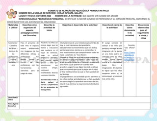 FORMATO DE PLANEACIÓN PEDAGÓGICA PRIMERA INFANCIA
NOMBRE DE LA UNIDAD DE SERVICIO: HOGAR INFANTIL GALAPA
LUGAR Y FECHA: OCTUBRE 2022 NOMBRE DE LA ACTIVIDAD: QUE QUIERO SER CUANDO SEA GRANDE
INTENCIONALIDAD PEDAGÓGICA/FORMATIVA: IDENTIFICAR EL MAYOR NUMERO DE PROFESIONES Y SU ACTIVIDAD PRINCIPAL, AMPLIANDO EL
CONOCIMIENTO DE LAS ACCIONES DE LA COMUNIDAD
Materiales
a Utilizar
Describa cómo
organizará el
espacio
pedagógico/Ambie
nte Educativo
Describa la
actividad de
inicio
Describa el desarrollo de la actividad Describa el cierre de
la actividad
Describa
cómo
documenta
rá la
actividad
Situaciones
observadas
para el
seguimiento
a niños y
niñas
Canciones –
Cartelera
del árbol –
láminas de
las
profesiones
– cinta
adhesiva -
aros
Para el proyecto de
este mes el espacio
estará ambientado
con imágenes de los
diferentes oficios y
profesiones. Así
mismo tendré el
rincón de las
profesiones con las
herramientas y
utensilios para el
juego de roles.
Recibiré a los niños con
música alegre que los
motive y entusiasme
para quedarse en el
hogar de bienestar,
luego en actitud
respetuosa hacemos
una oración dando
gracias a Dios por
encontrarnos con
nuestros amigos,
continuaré
enseñándoles diversas
canciones infantiles.
Durante todo el mes a
diario vigilaré el
estricto cumplimiento
de los protocolos de
bioseguridad.
Disfrutaremos de una melodía especial el día de
hoy, la cual trataremos de aprenderla,
ejecutaremos los movimientos que nos indica,
permaneceremos atentos a su contenido y lo
más importante es que compartiremos todos en
clase. La canción es: “Los oficios”.
Llevaré el dibujo de un árbol en una cartelera y
los oficios en pequeñas láminas como hojas del
árbol, pondré el árbol en el tablero y preguntaré
a los niños ¿Qué quieren ser cuando sean
grandes?, según lo que digan les daré un dibujo
que corresponda para que lo pegue en el árbol;
al final nombraremos las que se han quedado en
las láminas.
El juego libre es una actividad que les permitirá a
los niños realizar actividades que se han quedado
en mente según lo aprendido en el tema del día,
estaré muy atenta a las expresiones individuales
y grupales.
El juego consiste en
colocar a los niños por
parejas y entregar a cada
integrante de la pareja
un aro. Este podrá ser
utilizado como los niños
deseen, dando rienda
suelta a la creatividad,
juego libre e
imaginación. El objetivo
es lograr que los niños
cooperen entre sí, se
comuniquen y conozcan
más entre ellos.
- Canción:
“Los oficios”
de
https://www
.youtube.co
m/watch?v=
bjfAZ2cmxJ0
OBSERVACI
ONES:
Firma Agente
Educativa:
 