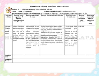 FORMATO DE PLANEACIÓN PEDAGÓGICA PRIMERA INFANCIA
NOMBRE DE LA UNIDAD DE SERVICIO: HOGAR INFANTIL GALAPA
LUGAR Y FECHA: OCTUBRE 2022 NOMBRE DE LA ACTIVIDAD: CARNAVAL DE DISFRACES.
INTENCIONALIDAD PEDAGÓGICA/FORMATIVA: INCENTIVAR A LOS NIÑOS EN EL ESFUERZO PARA LOGRAR CONSEGUIR SUS METAS.
Materiales
a Utilizar
Describa cómo
organizará el
espacio
pedagógico/Ambi
ente Educativo
Describa la actividad
de inicio
Describa el desarrollo de la actividad Describa el cierre
de la actividad
Describa
cómo
documenta
rá la
actividad
Situaciones
observadas
para el
seguimiento
a niños y
niñas
Disfraces –
ficha de
trabajo –
pelotas -
música
Durante la bienvenida
y el vamos a explorar
el espacio se dejará
libre para que los
niños se puedan
desplazar fácilmente,
finalizamos
colocando las sillas en
círculo.
Elegiré a uno de los niños
más grandecitos para que
haga la oración de la
mañana. Tomaremos
asistencia con la dinámica
“Soy una serpiente”
nombrando a cada uno de
los niños e invitándolos a
hacer parte de la cola de la
serpiente. Cantaremos las
diferentes canciones
aprendidas hasta el
momento.
Haremos un lindo desfile de disfraces, yo
seré la narradora e iré nombrando a cada uno
de los niños diciendo su nombre y el disfraz
de la profesión que usa
Le entregaré una ficha con el dibujo de la
profesión que cada uno de los niños escogió,
para que la coloreen libremente.
Juego de roles, donde cada uno
desempeñará la profesión de la cual viene
disfrazado, colocaré música animada para
motivarlos a bailar y hacer un lindo carnaval
de disfraces.
En una bolsa oscura
depositaré varias
pelotas de colores,
pero solo una roja, iré
pasando por sus
puestos para que
saquen una de ellas, el
que saque la roja debe
contar a los demás
como se sintió
utilizando las paletas
de las emociones.
NO APLICA
OBSERVACI
ONES:
Firma Agente
Educativa:
 