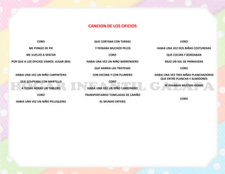 CANCION DE LOS OFICIOS
CORO
ME PONGO DE PIE
ME VUELVO A SENTAR
POR QUE A LOS OFICIOS VAMOS JUGAR (BIS)
HABIA UNA VEZ UN NIÑO CARPINTERO
QUE GOLPEABA CON MARTILLO
A TODAS HORAS UN TABLERO
CORO
HABIA UNA VEZ UN NIÑO PELUQUERO
QUE CORTABA CON TIJERAS
Y PEINABA MUCHOS PELOS
CORO
HABIA UNA VEZ UN NIÑO BARRENDERO
QUE BARRIA LAS TRISTESAS
CON ESCOBA Y CON PLUMERO
CORO
HABIA UNA VEZ UN NIÑO CAMIONERO
TRANSPORTANDO TONELADAS DE CARIÑO
AL MUNDO ENTERO
CORO
HABIA UNA VEZ DOS NIÑAS COSTURERAS
QUE COCIAN Y BORDABAN
BAJO UN SOL DE PRIMAVERA
CORO
HABIA UNA VEZ TRES NIÑAS PLANCHADORAS
QUE ENTRE PLANCHA Y ALMIDONES
SE PASABAN MUCHAS HORAS
CORO
 