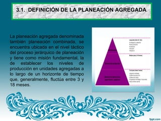 3.1. DEFINICIÓN DE LA PLANEACIÓN AGREGADA.
La planeación agregada denominada
también planeación combinada, se
encuentra ubicada en el nivel táctico
del proceso jerárquico de planeación
y tiene como misión fundamental, la
de establecer los niveles de
producción en unidades agregadas a
lo largo de un horizonte de tiempo
que, generalmente, fluctúa entre 3 y
18 meses.
 
