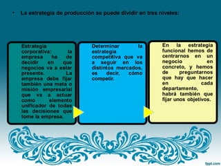 • La estrategia de producción se puede dividir en tres niveles:
 