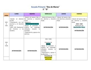 Escuela Primaria “Dos de Marzo”
5° “D”
HORA
LUNES MARTES MIÉRCOLES JUEVES VIERNES
8:00
A
9:00
-Saludar al director
escolar.
-Presentación con los
alumnos y el docente
titular.
-8:00- 8:30: Realización
de honores a la
bandera.
-Saludo de buenos días a
los alumnos y docente
titular.
-Apoyar al:
PROMOTOR DE INGLÉS.
-Apoyo al promotor a
ordenar los materiales
utilizados durante la
actividad.
-Organización y apoyo a los
alumnos.
-Saludo de buenos días a
los alumnos y docente
titular.
INTERVENCIÓN
-Saludo de buenos días
a los alumnos y docente
titular.
INTERVENCIÓN
-Saludo de buenos días a
los alumnos y docente
titular.
8:50 – 9:40
Realización de
EDUCACIÓN FÍSICA
INTERVENCIÓN
9:00
A
10:00
INTERVENCIÓN INTERVENCIÓN
9:00- 10:00
Promotor de
INGLES
-Apoyo al promotor a
ordenar los materiales
utilizados durante la
actividad.
-Organización y apoyo a
los alumnos.
INTERVENCIÓN INTERVENCIÓN
Promotor de
EDUCACIÓN
ARTÍSTICA
 