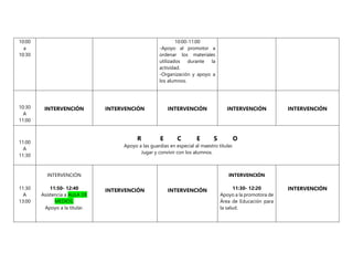 10:00
a
10:30
10:00-11:00
-Apoyo al promotor a
ordenar los materiales
utilizados durante la
actividad.
-Organización y apoyo a
los alumnos.
10:30
A
11:00
INTERVENCIÓN INTERVENCIÓN INTERVENCIÓN INTERVENCIÓN INTERVENCIÓN
11:00
A
11:30
R E C E S O
Apoyo a las guardias en especial al maestro titular.
Jugar y convivir con los alumnos.
11:30
A
13:00
INTERVENCIÓN
11:50- 12:40
Asistencia a AULA DE
MEDIOS.
Apoyo a la titular.
INTERVENCIÓN INTERVENCIÓN
INTERVENCIÓN
11:30- 12:20
Apoyo a la promotora de
Área de Educación para
la salud.
INTERVENCIÓN
 