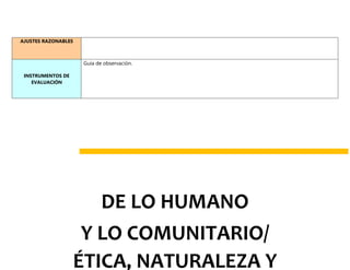 AJUSTES RAZONABLES
INSTRUMENTOS DE
EVALUACIÓN
Guía de observación.
DE LO HUMANO
Y LO COMUNITARIO/
ÉTICA, NATURALEZA Y
 