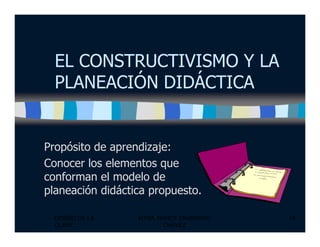 EL CONSTRUCTIVISMO Y LA
PLANEACIÓN DIDÁCTICA
DISEÑO DE LA
CLASE
MTRA. NANCY ZAMBRANO
CHÁVEZ
10
Propósito de aprendizaje:
Conocer los elementos que
conforman el modelo de
planeación didáctica propuesto.
 