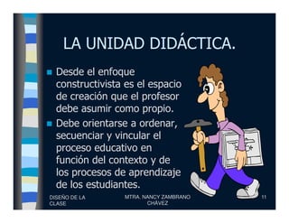 LA UNIDAD DIDÁCTICA.
Desde el enfoque
constructivista es el espacio
de creación que el profesor
debe asumir como propio.
DISEÑO DE LA
CLASE
MTRA. NANCY ZAMBRANO
CHÁVEZ
11
debe asumir como propio.
Debe orientarse a ordenar,
secuenciar y vincular el
proceso educativo en
función del contexto y de
los procesos de aprendizaje
de los estudiantes.
 