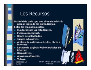 Los Recursos.
Material de todo tipo que sirve de vehículo
para el logro de los aprendizajes.
Entre los más útiles están:
Cuadernos de los estudiantes.
Fichero conceptual.
Banco de actividades.
DISEÑO DE LA
CLASE
MTRA. NANCY ZAMBRANO
CHÁVEZ
19
Banco de actividades.
Juegos educativos.
Archivo de noticias, artículos, libros e
informes.
Listado de páginas Web o artículos de
internet.
Diapositivas.
Apoyos multimedia.
Vídeos.
 
