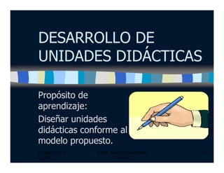 DESARROLLO DE
UNIDADES DIDÁCTICAS
DISEÑO DE LA
CLASE
MTRA. NANCY ZAMBRANO
CHÁVEZ
21
Propósito de
aprendizaje:
Diseñar unidades
didácticas conforme al
modelo propuesto.
 