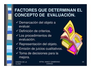 FACTORES QUE DETERMINAN ELFACTORES QUE DETERMINAN EL
CONCEPTO DE EVALUACIÓN.CONCEPTO DE EVALUACIÓN.
Demarcación del objeto a
evaluar.
Definición de criterios.
Los procedimientos de
DISEÑO DE LA
CLASE
MTRA. NANCY ZAMBRANO
CHÁVEZ
28
Los procedimientos de
evaluación.
Representación del objeto.
Emisión de juicios cualitativos.
Toma de decisiones para la
mejora.
 
