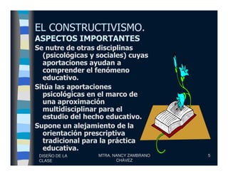 EL CONSTRUCTIVISMO.
ASPECTOS IMPORTANTES
Se nutre de otras disciplinas
(psicológicas y sociales) cuyas
aportaciones ayudan a
comprender el fenómeno
educativo.
Sitúa las aportaciones
DISEÑO DE LA
CLASE
MTRA. NANCY ZAMBRANO
CHÁVEZ
5
Sitúa las aportaciones
psicológicas en el marco de
una aproximación
multidisciplinar para el
estudio del hecho educativo.
Supone un alejamiento de la
orientación prescriptiva
tradicional para la práctica
educativa.
 
