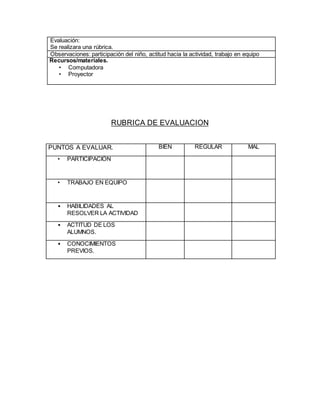 Evaluación:
Se realizara una rúbrica.
Observaciones: participación del niño, actitud hacia la actividad, trabajo en equipo
Recursos/materiales.
• Computadora
• Proyector
RUBRICA DE EVALUACION
PUNTOS A EVALUAR. BIEN REGULAR MAL
• PARTICIPACIÓN
• TRABAJO EN EQUIPO
• HABILIDADES AL
RESOLVER LA ACTIVIDAD
• ACTITUD DE LOS
ALUMNOS.
• CONOCIMIENTOS
PREVIOS.
 