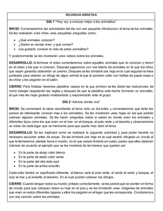 SECUENCIA DIDÁCTICA
DÍA 1 “Hoy voy a conocer mejor a los animalitos”
INICIO: Comenzaremos las actividades del día con una pequeña introduccion al tema de los animales.
Se les realizarán a los niños unas pequeñas preguntas como:
 ¿Qué animales conocen?
 ¿Saben en donde viven y què comen?
 Les gustaría conocer la vida de estos animalitos?
Y posteriormente se les mostrarán unos videos sobre los animales.
DESARROLLO: Al terminar el video comentaremos sobre aquellos animales que no conocen y vieron
en el video y los que si conocen. Despues jugaremos con una loteria de animales en la que los niños
que vayan ganando obtendrán un premio. Despues se les brindará una hoja en la cual seguiran la linea
punteada para obtener un dibujo de algun animal al que le pondran color con bolitas de papel crepe o
de china y los pegarán en el salón.
CIERRE: Para finalizar haremos plastilina casera en la que primero se les darán las instruciones de
como trabajar respetando las reglas y despues de que la plastilina este hecha formarán un animalito,
el que más les haya gsutado moldeandolo y exponiendolo ante el grupo.
DÍA 2 “Adivina donde vivo”
INICIO: Se comenzará la clase recordando el tema visto un dia antes y comentaremos que tanto les
parece de interesante conocer mas a los animalitos. Se les mostrarán unas hojas en las que podrán
colorear algunos animales. Se les harán preguntas sobre si saben en donde viven los animales y
diferentes tipos como los que viven en el mar, en el bosque, el polo norte y el desierto y observaremos
un video de cada lugar que se mencionó para que quede mas claro el tema.
DESARROLLO: Se les explicará como se realizará la siguiente actividad y para poder hacerla es
necesario escuchar antes de actuar. Se les brindará una hoja en la cual vendrá dibujado un circulo al
que le llamaremos planeta tierra o mundo, en el que estará dividido en cuatro partes que ellos deberán
colorear de acuerdo al ejemplo que se les mostrará de tal manera que queden así:
 En la parte de abajo color blanco
 En la parte de alado color verde
 En la parte del otro lado azul
 En la parte de arriba amarillo.
Cada color tendrá un significado diferente, el blanco será el polo norte, el verde la selva y bosque, el
azul el mar y el amarillo el desierto. En el cual podrán colorear los dibujos.
CIERRE: Cuando tengan todos su mundo pintado correctamente, se les pedirá que se sienten en forma
de circulo para que coloquen todos su hoja en el piso y se les brindarán unas imágenes de animales
que viven en estos diferentes lugares y ellos los pegarán en el lugar que les corresponda. Concluiremos
con una canción sobre los animales.
 