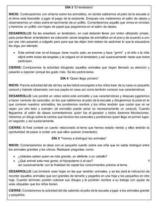 DÍA 3 “El tendedero”
INICIO: Continuaremos con el tema sobre los animalitos, en donde saldremos al patio de la escuela si
el clima esta favorable a jugar el juego de la serpiente. Despues nos meteremos al salón de clases y
observaremos un video sobre el nacimiento de un pollito. Comentaremos aquello que vimos en el video
y haremos un pollito con hojas de papel que pegaremos en el salón de clases.
DESARROLLO: Se les enseñará un tendedero, en cual deberán llenar por orden utilizando pinzas,
para poder llenar el tendedero se colocarán varias targetas de animalitos en el piso y de acuerdo a uno
por uno irán pasando a colgarlo pero para que las elijan bien deben de aadivinar lo que la educadora
les diga, por elemplo:
 Este animal vive en el bosque, tiene mucho pelo, es enorme y hace “grrrrrr” y el niño o la niña
elijirá entre todas las targetas y la colgará en el tendedero y así sucesivamente hasta que todos
participen.
CIERRE: Concluiremos la actividad dibujando aquellos animales que hayan llamado su atención y
pasarán a exponer porqué les gusto más. Se les pedirá tarea.
DÍA 4 “Quien llega primero”
INICIO: Para la actividad del día de hoy se les habrá encargado a los niños traer de su casa un pequeño
caracol y haberlo observado con sus papás en casa así como también conocer sus caracteristicas.
DESARROLLO: Les pondré un video sobre este animalito y sus caracteristicas y despues jugaremos
a hacer carreras de caracoles, en los que saldremos al patio de la escuela y dibujaremos la pista en la
que correran nuestros animalitos, les pondremos nombre y los niños tendrán que cuidar que no se
vayan por otro lado y avanzen (el animalito puede variar no necesariamente un caracol). Cuando
lleguemos al salón de clases comentaremos quien fue el ganador y todos daremos felicitaciones.
Haremos un dibujo sobre la carrera que hicieron los caracoles y pondremos quien llego en primer lugar,
en segundo y así sucesivamente.
CIERRE: Al final contaré un cuento relacionado al tema que hemos estado viendo y ellos tendrán la
oportunidad de pasar a contar uno que ellos quieran (inventado).
DÍA 5 “Vamos a distinguir los animales”
INICIO: Comenzaremos la clase con un pequeño cuento sobre una niña que no sabía distinguir entre
los animales grandes y los chicos. Realizaré preguntas como:
 ¿Ustedes saben quien es más grande, un elefante o un caballo?
 ¿Qué animal esta mas gordo, el hipopotamo ó el oso? Y
así sucesivamente con la finalidad de captar los conocimientos previos al tema.
DESARROLLO: Les brindaré unas hojas en las que vendrán animales, y se les dará la indicación de
recortar aquellos animales que son grandes de tamaño y pegarlos en una hoja y los pequeños en otra
hoja. Cuando terminen podrán colorear sus dibujos y le pondrán nombre a su trabajo con ayuda de
unas etiquetas que los niños tienen.
CIERRE: Concluiremos la actividad del día saliendo al patio de la escuela a jugar a los animales grande
y pequeños.
 