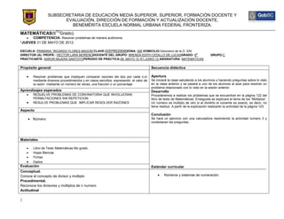 SUBSECRETARIA DE EDUCACIÓN MEDIA SUPERIOR, SUPERIOR, FORMACIÓN DOCENTE Y
                      EVALUACIÓN, DIRECCIÓN DE FORMACIÓN Y ACTUALIZACIÓN DOCENTE,
                         BENEMÉRITA ESCUELA NORMAL URBANA FEDERAL FRONTERIZA.
MATEMÁTICAS(6TOGrado).
      COMPETENCIA: Resolver problemas de manera autónoma
*JUEVES 31 DE MAYO DE 2012.

ESCUELA: PRIMARIA “RICARDO FLORES MAGON”CLAVE:02EPR0206MZONA: 006 DOMICILIO:Genovevo de la O. S/N
DIRECTOR (A): PROFR.: HECTOR LARA MORENODOCENTE DEL GRUPO: BRENDA EDITH CEDILLO DE LUCASGRADO: 6to                               GRUPO:C
PRACTICANTE: AARON NAJERA SANTOYOPERIODO DE PRÁCTICA:28- MAYO-12 /01-JUNIO-12 ASIGNATURA: MATEMATICAS

Propósito general                                                                      Secuencia didáctica

       Resolver problemas que impliquen comparar razones del tipo por cada n,m         Apertura
       mediante diversos procedimientos y en casos sencillos, expresando el valor de   Se iniciará la clase saludando a los alumnos y haciendo preguntas sobre lo visto
       la razón mediante un número de veces, una fracción o un porcentaje              en la clase anterior y se pasará a uno de los alumnos al azar para resolver un
                                                                                       problema relacionado con lo visto en la sesión anterior.
Aprendizajes esperados                                                                 Desarrollo
       RESUELVE PROBLEMAS DE CONVINATORIA QUE INVOLUCRAN                               Procederemos a realizar los problemas que se encuentran en la página 122 del
       PERMUTACIONES SIN REPETICION                                                    libro de texto de Matemáticas. Enseguida se explicara el tema de los “Múltiplos”.
       RESULVE PROBLEMAS QUE IMPLICAR RESOLVER RAZONES                                 Un número es múltiplo de otro si al dividirlo el cociente es exacto, es decir, no
                                                                                       tiene residuo. A partir de la explicación realizarán la actividad de la página 123.
Aspecto
                                                                                       Conclusión
       Número                                                                          Se hará un ejercicio con una calculadora resolviendo la actividad numero 3 y
                                                                                       contestaran las preguntas.




Materiales

       Libro de Texto Matemáticas 6to grado.
       Hojas Blancas
       Fichas
       Dados
Evaluación                                                                             Estándar curricular
Conceptual.
Conoce el concepto de divisor y múltiplo                                                        Números y sistemas de numeración.
Procedimental.
Reconoce los divisores y múltiplos de n numero
Actitudinal

|
 