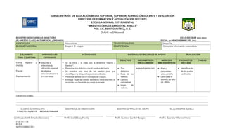 SUBSECRETARÍA DE EDUCACIÓN MEDIA SUPERIOR, SUPERIOR, FORMACIÓN DOCENTE Y EVALUACIÓN
                                                    DIRECCIÓN DE FORMACIÓN Y ACTUALIZACIÓN DOCENTE
                                                             ESCUELA NORMAL EXPERIMENTAL
                                                           “MAESTRO CARLOS SANDOVAL ROBLES”
                                                               POB. LIC. BENITO JUÁREZ, B. C.
                                                                    CLAVE: 02DNL0001B

 REGISTRO DE SECUENCIAS DIDACTICAS                                                                                                                                CICLO ESCOLAR 2011-2012
 (PLANES DE CLASE) MATEMÁTICAS 3ER GRADO                                                                                                       FECHA: 30 DE NOVIEMBRE DEL 2011
 ASIGNATURA:                             Matemáticas                                             TRANSVERSALIDAD:                                Geografía.
 BLOQUE Y LECCIÓN:                       Bloque II. El croquis                                   COMPETENCIA:                                    -Comunicar información matemática.


    EJE/ÁMBITO          APRENDIZAJES                           ACTIVIDADES                                      MATERIALES Y RECURSOS DE APOYO                           REALIZACIÓN
  TEMA Y SUBTEMA         ESPERADOS
                                                                                                        DIDÁCTICO         INFORMÁTICOS          IMPRESOS         PRODUCTOS          TAREAS
 Forma   espacio   y    Describe o            Se da inicio a la clase con la dinámica “negros y                           ENCICLOMEDIA       BIBLIOGRÁFICOS       DE CLASE
 medida.                interpreta la         blancos”.
                        ubicación espacial    Presentar tira didáctica con el nombre del tema.           Tira            www.wikipedia.com     Plan y              Identificación
 Figuras                de objetos            Se muestra una rosa de los vientos para que                didáctica.                            programas           de los puntos
                        relacionados entre    identifiquen y ubiquen los puntos cardinales.              Rosa de los                           2009 3er año.       cardinales.
 Representación         sí o con otros.       Presentar lámina con el concepto de croquis.               vientos.                              Libro para el
                                              Entregar hojas de colores donde los niños escriben el      Lamina                                alumno 3er año
                                              recorrido que hacen de su casa a la escuela.               conceptual.                           pp. 68-69.
                                                                                                         Hojas      de
                                                                                                         colores.


 OBSERVACIONES:____________________________________________________________________________________________________________________________________________________________
 ____________________________________________________________________________________________________________________________________________________________________________
 ____________________________________________________________________________________________________________________________________________________________________________
 ____________________________________________________________________________________________________________________________________________________________________________

      ALUMNO (A) NORMALISTA                   MAESTRO (A) DE OBSERVACIÓN                              MAESTRO (A) TITULAR DEL GRUPO                     EL (A) DIRECTOR (A) DE LA
  Y PRÁCTICA DOCENTE ESCUELA PRIMARIA


Cinthya Lizbeth Amador Gonzalez              Profr. Joel Zibray Favela                            Profr. Gustavo Cardiel Barajas             Profra. Graciela Villarreal Haro
 FSA-7.5.1-18
 REVA
 SEPTIEMBRE 2011
 