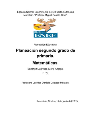 Escuela Normal Experimental de El Fuerte. Extensión
Mazatlán. “Profesor Miguel Castillo Cruz”.
Planeación Educativa.
Planeación segundo grado de
primaria.
Matemáticas.
Sánchez Lizárraga Gloria Andrea.
1° “D”.
Profesora Lourdes Daniela Delgado Morales.
Mazatlán Sinaloa 13 de junio del 2013.
 