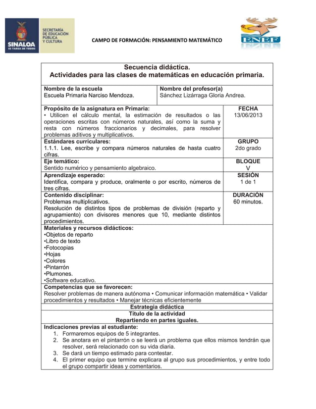 Planificación matemáticas segundo grado