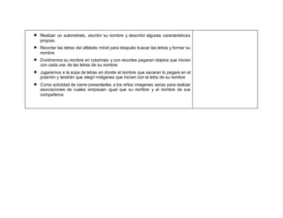  Realizar un autorretrato, escribir su nombre y describir algunas características
propias.
 Recortar las letras del alfabeto móvil para después buscar las letras y formar su
nombre
 Dividiremos su nombre en columnas y con recortes pegaran objetos que inicien
con cada una de las letras de su nombre
 Jugaremos a la sopa de letras en donde el nombre que sacaran lo pegare en el
pizarrón y tendrán que elegir imágenes que inicien con la letra de su nombre
 Como actividad de cierre presentarles a los niños imágenes varias para realizar
asociaciones de cuales empiezan igual que su nombre y el nombre de sus
compañeros
 