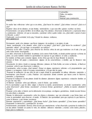 Jardín de niños Carmen Ramos Del Rio
Cartoncillos
Palitos de madera
Bloques
Material para construcción
INICIO
En media luna reflexionar sobre que es un artista, ¿Qué hacen los artistas? ¿Qué artistas conocen? ¿Qué es el
arte?
Registrar ideas de los alumnos en una lámina, motivándolos a que sean ellos quienes escriban sus ideas.
Posteriormente con apoyo del libro de mi álbum pág. 8 los alumnos observaran la ilustración y expresaran ideas
y sentimientos referente a lo que se encuentra, cuestionar sobre a quién realizo eso, ¿Qué sintió o pensó el autor
al llevarlo a cabo?
Finalizando con la actividad de la pág. 9 donde los alumnos realizaran.
DESARROLLO
Previamente pedir a los alumnos que lleven imágenes de escultores y un pintor al aula.
Iniciar cuestionando a los alumnos sobre ¿Qué es un pintor? ¿Qué hace? ¿Qué hacen los escultores? ¿Qué
materiales utiliza? ¿En qué lugar se encuentran sus trabajos?
Promover en los niños el interés para observar las diversas obras de arte que tendremos en el aula y las que
entre todos iremos investigando.
Los niños observarán la diversidad de pinturas de la autora Frida Kahlo, en donde podrán apreciar su forma de
pintar, así como también tendrán la oportunidad de expresar lo que sintieron al verlas y analizarlas.
Se reunirán en binas para comentar algunas de las obras que más les haya llamado la atención.
Pasaran al frente del grupo y mencionaran algunas de las características o detalles que les llamaron más
atención.
Presentación de videos donde se exponga diferentes pinturas de Frida Kahlo, así como su historia, al finalizar
cuestionar sobre lo que observaron y sintieron.
Cuestionarlos sobre su papa, ¿Qué sienten? Pensar en alguna experiencia referente a él, proponiéndoles que
piensen y se imaginen como es su papa, características y lo que más les gusta.
Proponer la realización de una obra de arte o papá, donde la oportunidad de utilizar diferentes materiales y
herramientas para llevarlo a cabo. Finalizar con exposición donde comenta que hacen como lo hicieron,
materiales y experiencias.
Proponer la realización de una pintura donde los alumnos plasmaron alguna experiencia o situación familiar en
lo que fue muy feliz.
Al finalizar cuestionar sobre que utilizaste, como lo hiciste, que sentiste.
Por la oportunidad a que los niños salgan a observar su medio, posteriormente en círculo cuestionarlos sobre
¿Qué observaron? ¿Qué formas encontrarte? ¿Conocen formas geométricas? ¿Había en nuestro alrededor?
¿Donde?
Propiciar en los niños el interés por la elaboración de un paisaje, con figuras geométricas, donde rescatar formas
de cada objeto a elemento.
Durante la elaboración cuestionarlos sobre los objetos y elementos que van colocando y que forma tiene, así
como la oportunidad para observar, el medio. Al finalizar dar oportunidad para que expresen lo que hicieron,
como lo hicieron y que formas rescataron.
Retomar experiencias y aprendizajes ¿Qué hemos hecho? ¿Qué hemos aprendido? ¿Cómo hemos aprendido?
Propiciando la interacción y participación de todos.
Posteriormente presentarles diversas obras de arte que anteriormente se han observado y proponer la realización
de una pintura tomando en cuenta lo visto, los alumnos utilizaron materiales y técnica como dedos, pinceles,
hojas para su realización.
 
