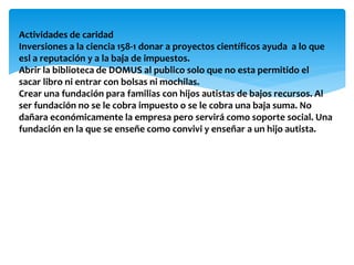 Actividades de caridad
Inversiones a la ciencia 158-1 donar a proyectos científicos ayuda a lo que
esl a reputación y a la baja de impuestos.
Abrir la biblioteca de DOMUS al publico solo que no esta permitido el
sacar libro ni entrar con bolsas ni mochilas.
Crear una fundación para familias con hijos autistas de bajos recursos. Al
ser fundación no se le cobra impuesto o se le cobra una baja suma. No
dañara económicamente la empresa pero servirá como soporte social. Una
fundación en la que se enseñe como convivi y enseñar a un hijo autista.
 