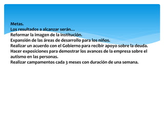 Metas.
Los resultados a alcanzar serán…
Reformar la imagen de la institución.
Expansión de las áreas de desarrollo para los niños.
Realizar un acuerdo con el Gobierno para recibir apoyo sobre la deuda.
Hacer exposiciones para demostrar los avances de la empresa sobre el
autismo en las personas.
Realizar campamentos cada 3 meses con duración de una semana.
 