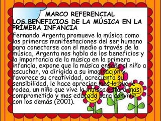 MARCO REFERENCIAL
LOS BENEFICIOS DE LA MÚSICA EN LA
PRIMERA INFANCIA
Fernando Argenta promueve la música como
las primeras manifestaciones del ser humano
para conectarse con el medio a través de la
música, Argenta nos habla de los beneficios y
la importancia de la música en la primera
infancia, expone que la música enseña al niño a
escuchar, va dirigida a su imaginación y
favorece su creatividad, acrecienta su
sensibilidad, le hace apreciar mas lo que le
rodea, un niño que vive la muisca estará mas
comprometido y mas educado para convivir
con los demás (2001).
 