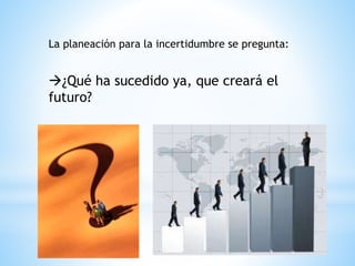 La planeación para la incertidumbre se pregunta:
¿Qué ha sucedido ya, que creará el
futuro?
 