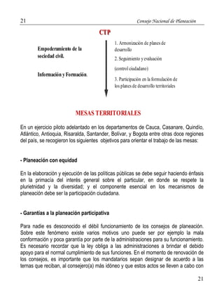21 Consejo Nacional de Planeación 
21 
CCTTPP 
Empoderamiento de la 
sociedad civil. 
Información y Formación. 
1. Armonización de planes de 
desarrollo 
2. Seguimiento y evaluación 
(control ciudadano) 
3. Participación en la formulación de 
los planes de desarrollo territoriales 
MESAS TERRITORIALES 
En un ejercicio piloto adelantado en los departamentos de Cauca, Casanare, Quindío, 
Atlántico, Antioquia, Risaralda, Santander, Bolívar, y Bogota entre otras doce regiones 
del país, se recogieron los siguientes objetivos para orientar el trabajo de las mesas: 
- Planeación con equidad 
En la elaboración y ejecución de las políticas públicas se debe seguir haciendo énfasis 
en la primacía del interés general sobre el particular, en donde se respete la 
plurietnidad y la diversidad; y el componente esencial en los mecanismos de 
planeación debe ser la participación ciudadana. 
- Garantías a la planeación participativa 
Para nadie es desconocido el débil funcionamiento de los consejos de planeación. 
Sobre este fenómeno existe varios motivos uno puede ser por ejemplo la mala 
conformación y poca garantía por parte de la administraciones para su funcionamiento. 
Es necesario recordar que la ley obliga a las administraciones a brindar el debido 
apoyo para el normal cumplimiento de sus funciones. En el momento de renovación de 
los consejos, es importante que los mandatarios sepan designar de acuerdo a las 
ternas que reciban, al consejero(a) más idóneo y que estos actos se lleven a cabo con 
 