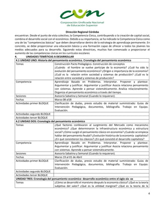Dirección Regional Córdoba
4
encuentran. Desde el punto de vista colectivo, la Competencia Cívica, contribuyendo a la creación de capital social,
combina el desarrollo social con el económico. Debido a su importancia, se ha indicado la Competencia Cívica como
una de las "competencias básicas" que deben desarrollarse dentro de la estrategia de aprendizaje permanente. En
concreto, se debe proporcionar una educación básica y una formación capaz de ofrecer a todos los jóvenes los
medios adecuados para su desarrollo. Siguiendo estas directrices, muchos han comenzado a proporcionar el
aumento de las competencias cívicas en los currículos escolares
4. UNIDADES TEMÁTICAS A DESARROLLAR
4.1 UNIDAD UNO: Historia del pensamiento económico. Cronología del pensamiento económico
Temas Construcción Pacto Pedagógico. Construcción de conceptos
¿Cuándo el hombre se vuelve participe de la economía? ¿Cuál ha sido la
evolución del pensamiento económico? ¿Origen e importancia de la economía?
¿Cuál es la relación entre sociedad y sistemas de producción? ¿Cuál es la
relación entre sociedad y sistemas de producción?
Competencia Aprendizaje Basado en Problemas. Interpretar. Proponer y plantear.
Argumentar y justificar. Argumentar y justificar Asocia relaciona pensamiento
con sistemas. Aprende a pensar sistemáticamente. Analiza relacionalmente.
Organiza el pensamiento económico a través del tiempo.
Sesiones Asesoría Sabatina y Semanal (Cuando lo requieran).
Fechas Marzo 08 al18
Actividades primer BLOQUE Clarificación de dudas, previo estudio de material suministrado: Guías de
Intervención Pedagógica, documentos, bibliografía. Trabajo en Equipo.
Evaluación.
Actividades segundo BLOQUE
Actividades tercer BLOQUE
4.2 UNIDAD DOS: Cronología del pensamiento económico
Temas ¿Qué factores conllevaron al surgimiento del Mercado como mecanismo
económico? ¿Que determinaron la infraestructura económica y estructura
social? ¿Cómo surgió el pensamiento clásico en economía? ¿Cuándo se empieza
hablar del pensamiento feudal? ¿Evolución histórica de la economía capitalista?
¿En qué consistieron los clásicos? ¿En qué consistió el desarrollo capitalista?
Competencia Aprendizaje Basado en Problemas. Interpretar. Proponer y plantear.
Argumentar y justificar. Argumentar y justificar Asocia relaciona pensamiento
con sistemas. Aprende a pensar sistemáticamente.
Sesiones Asesoría Sabatina y Semanal (Cuando lo requieran).
Fechas Marzo 19 al 01 de Abril
Actividades primer BLOQUE Clarificación de dudas, previo estudio de material suministrado: Guías de
Intervención Pedagógica, documentos, bibliografía. Trabajo en Equipo.
Evaluación.
Actividades segundo BLOQUE
Actividades tercer BLOQUE
UNIDAD TRES: Cronología del pensamiento económico desarrollo económico entre el siglo xix -xx
Temas ¿Cómo se desarrolló el marxismo después la economía clásica? ¿Qué es la teoría
subjetiva del valor? ¿Qué es la utilidad marginal? ¿Qué es la teoría de la
 