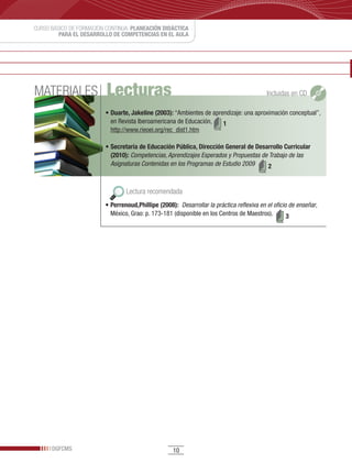 CURSO BÁSICO DE FORMACIÓN CONTINUA: PLANEACIÓN DIDÁCTICA
         PARA EL DESARROLLO DE COMPETENCIAS EN EL AULA




MATERIALES                Lecturas                                                         Incluidas en CD

                         •	Duarte, Jakeline (2003):	“Ambientes	de	aprendizaje:	una	aproximación	conceptual”,
                           en	Revista	Iberoamericana	de	Educación,	 1
                           http://www.rieoei.org/rec_dist1.htm

                         •	Secretaría de Educación Pública, Dirección General de Desarrollo Curricular
                           (2010): Competencias, Aprendizajes Esperados y Propuestas de Trabajo de las
                           Asignaturas Contenidas en los Programas de Estudio 2009     2


                                 Lectura recomendada
                         •	Perrenoud,Phillipe (2008): Desarrollar la práctica reflexiva en el oficio de enseñar,	
                           México,	Grao:	p.	173-181	(disponible	en	los	Centros	de	Maestros).        3




      DGFCMS                                        10
 