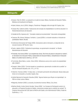CURSO BÁSICO DE FORMACIÓN CONTINUA: PLANEACIÓN DIDÁCTICA
                                                     PARA EL DESARROLLO DE COMPETENCIAS EN EL AULA



Bibliografía


    •	Airasian,	Peter	W.	(2002):	La evaluación en el salón de clases. México, Secretaría de Educación Pública,
      Biblioteca de Actualización del Maestro.

    •	Aubert,	Adriana,	(et.al.)	(2004):	Dialogar y Transformar. Pedagogía crítica del siglo XXI. España, Grao.

    •	Campos	Ríos,	Guillermo	(2003):	“Implicaciones	del	concepto	de	empleabilidad	en	la	reforma	educativa”	en	
      Revista Iberoamericana de Educación.

    •	Carballal	del	Río,	Esperanza	(sf):		“Conceptos	modernos	de	productividad”.	Documento mimeografiado.

    •	Casanova,	Ma.	Antonia,	Rodríguez,	Humberto	J.	(coord.)(2009):	La inclusión educativa un horizonte de
      posibilidades. Madrid, Muralla.

    •	Conferencia	Internacional	del	Trabajo	(2000):	Conclusiones sobre la formación y el desarrollo de los
      recursos humanos. 88ª Reunión. Suiza.

    •	Duarte,	Jakeline	(2003):	“Ambientes	de	aprendizaje:	una	aproximación	conceptual”,	en	Revista
      Iberoamericana de Educación.

    •	Fernández, Ana Corina (2009): “Las competencias cívicas. Otra forma de pensar la educación en valores”,
      en Secretaría de la Educación Pública, Subsecretaría de Educación Básica, Competencias en Educación
      Básica. Un cambio hacia la reforma, p. 327-351.

    •	Formichela,	María	Marta,	London,	Silvia	(2005):	Reflexiones acerca de la noción de empleabilidad.
      UNS-CONICET.

    •	Garagorri,	Xabier	(2005):	“Currículo	basado	en	competencias:	aproximación	al	estado	de	la	cuestión”	en	
      Aula de Innovación Educativa, núm. 161, p. 47-55.

    •	Imbernón,	Francisco	(2008):	10	ideas	clave.	La formación permanente del profesorado. Nuevas ideas para
      formar en la innovación y el cambio. España, Grao.

    •	Instituto	Nacional	de	Evaluación	Educativa	(2008):	“Algunos	factores	que	influyen	en	el	aprendizaje”,	en	
      PISA en el Aula: Lectura. México.

    •	Magendzo,	Abraham	(2008:) La escuela y los derechos humanos. México, Cal y Arena.

    •	Martínez	Bordón,	Arcelia,	Bracho	González,	Teresa	(2006):	“Los	Consejos	de	Participación	social	en	la	
      educación y el Programa Escuelas de Calidad: ¿mecanismos sociales para la rendición de cuentas?” XI
      Congreso Internacional del CLAD sobre la Reforma del Estado y de la Administración Pública, Ciudad de
      Guatemala. p. 1-10.




                                                         115                                             DGFCMS
 