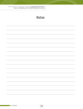 CURSO BÁSICO DE FORMACIÓN CONTINUA: PLANEACIÓN DIDÁCTICA
         PARA EL DESARROLLO DE COMPETENCIAS EN EL AULA




                                           Notas




      DGFCMS                                     118
 