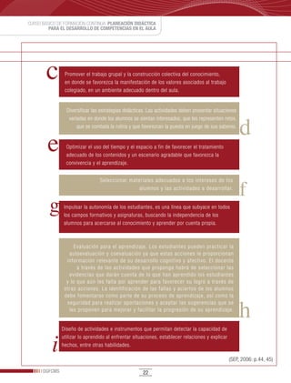 CURSO BÁSICO DE FORMACIÓN CONTINUA: PLANEACIÓN DIDÁCTICA
         PARA EL DESARROLLO DE COMPETENCIAS EN EL AULA




                Promover el trabajo grupal y la construcción colectiva del conocimiento,
                en donde se favorezca la manifestación de los valores asociados al trabajo
                colegiado, en un ambiente adecuado dentro del aula.


                 Diversificar las estrategias didácticas. Las actividades deben presentar situaciones
                  variadas en donde los alumnos se sientan interesados, que les representen retos,
                      que se combata la rutina y que favorezcan la puesta en juego de sus saberes.


                 Optimizar el uso del tiempo y el espacio a fin de favorecer el tratamiento
                 adecuado de los contenidos y un escenario agradable que favorezca la
                 convivencia y el aprendizaje.


                                 Seleccionar materiales adecuados a los intereses de los
                                                 alumnos y las actividades a desarrollar.


                Impulsar la autonomía de los estudiantes, es una línea que subyace en todos
                los campos formativos y asignaturas, buscando la independencia de los
                alumnos para acercarse al conocimiento y aprender por cuenta propia.



                     Evaluación para el aprendizaje. Los estudiantes pueden practicar la
                  autoevaluación y coevaluación ya que estas acciones le proporcionan
                 información relevante de su desarrollo cognitivo y afectivo. El docente
                      a través de las actividades que proponga habrá de seleccionar las
                  evidencias que darán cuenta de lo que han aprendido los estudiantes
                 y lo que aún les falta por aprender para favorecer su logro a través de
                otras acciones. La identificación de las fallas y aciertos de los alumnos
                debe fomentarse como parte de su proceso de aprendizaje, así como la
                 seguridad para realizar aportaciones y aceptar las sugerencias que se
                  les proponen para mejorar y facilitar la progresión de su aprendizaje.


               Diseño de actividades e instrumentos que permitan detectar la capacidad de
               utilizar lo aprendido al enfrentar situaciones, establecer relaciones y explicar
               hechos, entre otras habilidades.

                                                                                                  (SEP, 2006: p.44, 45)

      DGFCMS                                          22
 