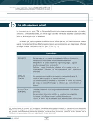 CURSO BÁSICO DE FORMACIÓN CONTINUA: PLANEACIÓN DIDÁCTICA
         PARA EL DESARROLLO DE COMPETENCIAS EN EL AULA




             ¿Qué es la competencia lectora?

             La competencia lectora según PISA1 es “La capacidad de un individuo para comprender, emplear información y
             reflexionar a partir de textos escritos, con el fin de lograr sus metas individuales, desarrollar sus conocimientos y
             potencial personal y participar en la sociedad.

                 Los lectores que juegan un papel activo e interactivo con el texto que leen, reaccionan de diversas maneras
             cuando intentan comprenderlo y utilizarlo. Las dimensiones que se consideraron son: los procesos, el formato
             textual y la situación o el contexto de lectura” (INEE, 2008: 30 y 31).


                                                                  Dimensiones

                PROCESOS                  Recuperación de información: implica localizar información relevante,
                                          datos aislados o vinculados con otros elementos de texto.
                                          Interpretación de textos: encontrar el significado y llegar a algunas
                                          conclusiones a partir del texto escrito.
                                          Reflexión y evaluación de textos: relacionar la información escrita, en
                                          cuanto a forma y contenido, con sus conocimientos, ideas y experiencias
                                          anteriores.

                FORMATO                   Los textos continuos están organizados en oraciones y párrafos. Se
                TEXTUAL                   clasifican por su tipo y por la intensión del autor.
                                          Los textos discontinuos presentan la información en formas muy variadas,
                                          por los que se les clasificó más por su estructura que por la intención de
                                          su autor

                SITUACIÓN O               Una carta, una novela o una biografía están destinadas a uso privado
                CONTEXTO                  (personal).
                                          Los anuncios o documentos oficiales se consideran de uso público.
                                          Un manual o un informe son para uso laboral (profesional)
                                          Un libro de texto u hoja de ejercicios están destinados para uso educativo




1 El propósito central del Programa para la Evaluación Internacional de Estudiantes (Programme for International Student Assessment,
PISA) es medir en qué grado los estudiantes de 15 años, que se encuentran al final de su escolaridad obligatoria, son capaces de recurrir
a lo aprendido cuando se enfrentan a situaciones novedosas, tanto en el ámbito escolar como fuera de él; es decir estimar el nivel de
habilidades y competencias esenciales para su participación plena en la sociedad



        DGFCMS                                                   32
 