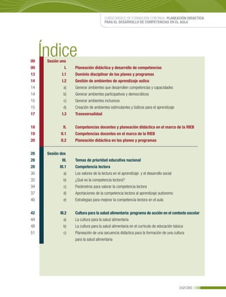 CURSO BÁSICO DE FORMACIÓN CONTINUA: PLANEACIÓN DIDÁCTICA
                                        PARA EL DESARROLLO DE COMPETENCIAS EN EL AULA




09   Sesión uno
09             I.   Planeación didáctica y desarrollo de competencias
13           I.1    Dominio disciplinar de los planes y programas
14           I.2    Gestión de ambientes de aprendizaje aulico
14            a)    Generar ambientes que desarrollen competencias y capacidades
14            b)    Generar ambientes participativos y democráticos
15            c)    Generar ambientes inclusivos
15            d)    Creación de ambientes estimulantes y lúdicos para el aprendizaje
17           I.3    Transversalidad


18            II.   Competencias docentes y planeación didáctica en el marco de la RIEB
19          II.1    Competencias docentes en el marco de la RIEB
20          II.2    Planeación didáctica en los planes y programas


28   Sesión dos
28           III.   Temas de prioridad educativa nacional
28         III.1    Competencia lectora
30            a)    Los valores de la lectura en el aprendizaje y el desarrollo social
32            b)    ¿Qué es la competencia lectora?
34            c)    Parámetros para valorar la competencia lectora
37            d)    Aportaciones de la competencia lectora al aprendizaje autónomo
40            e)    Estrategias para mejorar la competencia lectora en el aula


42          III.2   Cultura para la salud alimentaria: programa de acción en el contexto escolar
44            a)    La cultura para la salud alimentaria
48            b)    La cultura para la salud alimentaria en el currículo de educación básica
51            c)    Planeación de una secuencia didáctica para la formación de una cultura
                    para la salud alimentaria




                                                                                         DGFCMS
 