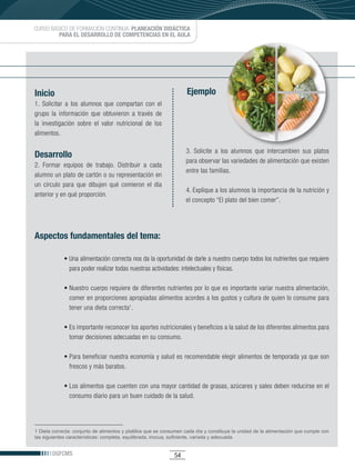 CURSO BÁSICO DE FORMACIÓN CONTINUA: PLANEACIÓN DIDÁCTICA
         PARA EL DESARROLLO DE COMPETENCIAS EN EL AULA




Inicio                                                              Ejemplo
1. Solicitar a los alumnos que compartan con el
grupo la información que obtuvieron a través de
la investigación sobre el valor nutricional de los
alimentos.

                                                                    3. Solicite a los alumnos que intercambien sus platos
Desarrollo
                                                                    para observar las variedades de alimentación que existen
2. Formar equipos de trabajo. Distribuir a cada
                                                                    entre las familias.
alumno un plato de cartón o su representación en
un círculo para que dibujen qué comieron el día
                                                                    4. Explique a los alumnos la importancia de la nutrición y
anterior y en qué proporción.
                                                                    el concepto “El plato del bien comer”.




Aspectos fundamentales del tema:

             •	Una	alimentación	correcta	nos	da	la	oportunidad	de	darle	a	nuestro	cuerpo	todos	los	nutrientes	que	requiere	
               para poder realizar todas nuestras actividades: intelectuales y físicas.

             •	Nuestro	cuerpo	requiere	de	diferentes	nutrientes	por	lo	que	es	importante	variar	nuestra	alimentación,	
               comer en proporciones apropiadas alimentos acordes a los gustos y cultura de quien lo consume para
               tener una dieta correcta1.

             •	Es	importante	reconocer	los	aportes	nutricionales	y	beneficios	a	la	salud	de	los	diferentes	alimentos	para	
               tomar decisiones adecuadas en su consumo.

             •	Para	beneficiar	nuestra	economía	y	salud	es	recomendable	elegir	alimentos	de	temporada	ya	que	son	
               frescos y más baratos.

             •	Los	alimentos	que	cuenten	con	una	mayor	cantidad	de	grasas,	azúcares	y	sales	deben	reducirse	en	el	
               consumo diario para un buen cuidado de la salud.




1 Dieta correcta: conjunto de alimentos y platillos que se consumen cada día y constituye la unidad de la alimentación que cumple con
las siguientes características: completa, equilibrada, inocua, suficiente, variada y adecuada.


       DGFCMS                                                  54
 