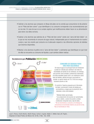 CURSO BÁSICO DE FORMACIÓN CONTINUA: PLANEACIÓN DIDÁCTICA
         PARA EL DESARROLLO DE COMPETENCIAS EN EL AULA




             •	Solicitar	a	los	alumnos	que	comparen	el	dibujo	del	plato	con	la	comida	que	consumieron	el	día	anterior	
               con el “Plato del bien comer” y que identifiquen si su consumo corresponde a las recomendaciones que
               se nos dan. En caso de que no se cumpla registrar qué modificaciones deben hacer en su alimentación
               para tener una dieta correcta.

             •	Explicar	a	los	alumnos	que	además	de	un	“Plato	del	bien	comer”	existe	una	“Jarra	del	bien	beber”,	en	
               la que se nos recomienda el consumo de agua natural, indispensable para el mantenimiento de nuestro
               cuerpo y que nos enseña qué consumo es el adecuado respecto a las diferentes opciones de bebidas
               que tenemos disponibles.

             •	Mostrar	a	los	alumnos	el	gráfico	de	la	“Jarra	del	bien	beber”	y	solicitarles	que	identifiquen	en	qué	nivel	
               de ellos se encuentra su consumo de líquidos y qué cambios deben realizar.




                                                                                       CONSUMO DE BEBIDAS PARA
                                                                                          UNA VIDA SALUDABLE
                                                                             Sin duda el agua es la principal fuente de hidratación
                                                                            y puede ser utilizada para satisfacer casi todas las
                                                                           necesidades de líquidos de los individuos, sin embargo,
                                                                          para permitir cierta variedad y preferencias individuales,
                                                                         una dieta saludable puede incluir, con moderación varios
                                                                         tipos de bebidas, además del agua, procurando no
                                                                          exceder un aporte máximo de 10 a 15% de la energía
                                                                           necesaria durante un día.

                                                                             El comité de Expertos propuesto por la Secretaría
                                                                              de Salud, recomienda 6 niveles de bebidas por
                                                                               sus beneficios y riesgos para la prevención de la
                                                                                obesidad y otras enfermedades.

                                                                               *Bebidas totales aproximadas.
                                                                               *Las proporciones de las jarras son aproximadas
                                                                               para un adulto y varían de acuerdo a ciertas
                                                                              condiciones incluyendo sexo y tipo de dieta.
                                                                             *No se recomienda su consumo, sin embargo de
                                                                            consumirse se recomienda máximo una porción al día.
                                                                           *No se recomienda en niños.



Juan	A.	Rivera,	Onofre	Muñoz,	Martín	Rosas,	Carlos	A.	Aguilar,	Walter	C.	Willett,	Barry	M.	Popkin.
Adaptado de Salud Pública de México Vol. 50 No. 2 Mar.- Abr. 2008

       DGFCMS                                                 56
 