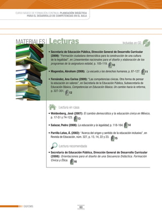 CURSO BÁSICO DE FORMACIÓN CONTINUA: PLANEACIÓN DIDÁCTICA
         PARA EL DESARROLLO DE COMPETENCIAS EN EL AULA




MATERIALES                Lecturas                                                         Incluidas en CD

                         • Secretaría de Educación Pública, Dirección General de Desarrollo Curricular
                           (2009): “Formación ciudadana democrática para la construcción de una cultura
                           de	la	legalidad”,	en	Lineamientos nacionales para el diseño y elaboración de los
                           programas de la asignatura estatal,	p.	105-119. 10

                         • Magendzo, Abraham (2008): La escuela y los derechos humanos,	p.	87-127.             11

                         • Fernández, Ana Corina (2009):	“Las	competencias	cívicas.	Otra	forma	de	pensar	
                           la	educación	en	valores”,	en	Secretaría	de	la	Educación	Pública,	Subsecretaría	de	
                           Educación	Básica,	Competencias en Educación Básica. Un cambio hacia la reforma,	
                           p.	327-351.
                                           12



                                  Lectura en casa
                         • Woldenberg, José (2007): El cambio democrático y la educación cívica en México,	
                           p.	17-51	y	74-123.  13

                         • Salazar, Pedro (2008): La educación y la legalidad,	p.	118-164.      14

                         • Parrilla Latas, Á. (2002): “Acerca	del	origen	y	sentido	de	la	educación	inclusiva”,	en	
                           Revista	de	Educación,	núm.	327,	p.	13,	14,	22	y	23.      15

                                  Lectura recomendada
                         • Secretaría de Educación Pública, Dirección General de Desarrollo Curricular
                           (2008): Orientaciones para el diseño de una Secuencia Didáctica. Formación
                           Cívica y Ética.   16




      DGFCMS                                        60
 