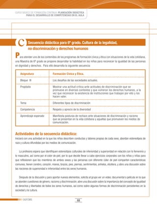 CURSO BÁSICO DE FORMACIÓN CONTINUA: PLANEACIÓN DIDÁCTICA
         PARA EL DESARROLLO DE COMPETENCIAS EN EL AULA




            Secuencia didáctica para 6º grado. Cultura de la legalidad,
            no discriminación y derechos humanos

P   ara atender uno de los contenidos de los programas de formación cívica y ética con situaciones de la vida cotidiana,
una Maestra de 6º grado se propone desarrollar la habilidad en los niños para reconocer la igualdad de las personas
en dignidad y derechos. Para ello desarrolla la siguiente secuencia:

    Asignatura                      Formación Cívica y Ética.

    Bloque III                      Los desafíos de las sociedades actuales.

    Propósito                       Mostrar una actitud crítica ante actitudes de discriminación que se
                                    promueve en diversos contextos y que vulneran los derechos humanos, a la
                                    vez que reconocer la existencia de instituciones que trabajan por ello y los
                                    hacen valer.

    Tema                            Diferentes tipos de discriminación

    Competencia                     Respeto y aprecio de la diversidad

    Aprendizaje esperado            Manifiesta posturas de rechazo ante situaciones de discriminación y racismo
                                    que se presentan en la vida cotidiana y aquellas que promueven los medios de
                                    comunicación.


Actividades de la secuencia didáctica:
Iniciará con una actividad en la que los niños describen conductas y labores propias de cada sexo, abordan estereotipos de
raza y cultura difundidas por los medios de comunicación.

    La profesora espera que identifiquen estereotipos culturales de inferioridad y superioridad en relación con lo femenino y
lo masculino, así como por el color de piel, por lo que decide llevar a cabo ejercicios corporales con los niños y niñas para
que reflexionen que los miembros de ambos sexos y las personas con diferente color de piel comparten características
comunes, tienen cerebro, corazón, manos, brazos, pies, piernas, sentimientos, anhelos, etcétera, y abre una discusión sobre
las nociones de superioridad e inferioridad entre los seres humanos.

    Después de la discusión y para aportar nuevos elementos, solicita al grupo ver un video, documental o película en la que
se aborden cuestiones de género, racismo y discriminación, abre una discusión sobre la importancia del concepto de igualdad
de derechos y libertades de todos los seres humanos, así como sobre algunas formas de discriminación persistentes en la
sociedad y la cultura.


       DGFCMS                                              68
 