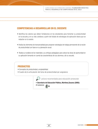 CURSO BÁSICO DE FORMACIÓN CONTINUA: PLANEACIÓN DIDÁCTICA
                                           PARA EL DESARROLLO DE COMPETENCIAS EN EL AULA




COMPETENCIAS A DESARROLLAR EN EL DOCENTE

•	Identifica	los	valores	que	deben	fortalecerse	en	los	estudiantes	para	fomentar	su	productividad	
  en la escuela y en su vida cotidiana a partir del listado de estrategias de aplicación diaria que se
  redacten en la sesión.

•	Analiza	los	elementos	de	transversalidad	para	proponer	estrategias	de	trabajo	permanente	de	la	noción	
  de productividad con base en su planeación anual.

•		Realiza	un	análisis	de	los	materiales	y	su	enfoque	pedagógico	para	ubicar	las	áreas	de	oportunidad	en	
  su aplicación tomando en cuenta las características de sus alumnos y de su escuela.




PRODUCTOS
•	Conceptos	de	productividad	y	empleabilidad
•	Cuadro	de	la	articulación	del	tema	de	productividad	por	asignatura


                                    Lectura recomendada para educación preescolar
                            •	Secretaría de Educación Pública, Martínez,Susana (2005):
                            El comercio.
                                            19




                                               97                                           DGFCMS
 