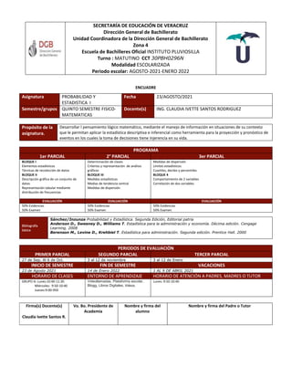 ENCUADRE
SECRETARÍA DE EDUCACIÓN DE VERACRUZ
Dirección General de Bachillerato
Unidad Coordinadora de la Dirección General de Bachillerato
Zona 4
Escuela de Bachilleres Oficial INSTITUTO PLUVIOSILLA
Turno : MATUTINO CCT 30PBH0296N
Modalidad ESCOLARIZADA
Periodo escolar: AGOSTO-2021-ENERO 2022
Asignatura PROBABILIDAD Y
ESTADISTICA I
Fecha 23/AGOSTO/2021
Semestre/grupos QUINTO SEMESTRE FISICO-
MATEMATICAS
Docente(s) ING. CLAUDIA IVETTE SANTOS RODRIGUEZ
Propósito de la
asignatura.
Desarrollar l pensamiento lógico matemático, mediante el manejo de información en situaciones de su contexto
que le permitan aplicar la estadística descriptiva e inferencial como herramienta para la proyección y pronóstico de
eventos en los cuales la toma de decisiones tiene injerencia en su vida.
PROGRAMA
1er PARCIAL 2° PARCIAL 3er PARCIAL
BLOQUE I
Elementos estadísticos
Técnicas de recolección de datos
BLOQUE II
Descripción gráfica de un conjunto de
datos
Representación tabular mediante
distribución de frecuencias
Determinación de clases
Criterios y representación de análisis
gráficos
BLOQUE III
Medidas estadísticas
Medias de tendencia central
Medidas de dispersión
Medidas de dispersión
Límites estadísticos
Cuartiles, deciles y percentiles
BLOQUE 4
Comportamiento de 2 variables
Correlación de dos variables
EVALUACIÓN EVALUACIÓN EVALUACIÓN
50% Evidencias
50% Examen
50% Evidencias
50% Examen
50% Evidencias
50% Examen
Bibliografía
básica
Sánchez/Inzunza Probabilidad y Estadística. Segunda Edición, Editorial patria
Anderson D., Sweeney D., Williams T. Estadística para la administración y economía. Décima edición. Cengage
Learning. 2008
Berenson M., Levine D., Krehbiel T. Estadística para administración. Segunda edición. Prentice Hall. 2000
PERIODOS DE EVALUACIÓN
PRIMER PARCIAL SEGUNDO PARCIAL TERCER PARCIAL
27 de Sep. Al 6 de Oct. 3 al 12 de noviembre 3 al 12 de Enero
INICIO DE SEMESTRE FIN DE SEMESTRE VACACIONES
23 de Agosto 2021 14 de Enero 2022 1 AL 9 DE ABRIL 2021
HORARIO DE CLASES ENTORNO DE APRENDIZAJE HORARIO DE ATENCIÓN A PADRES, MADRES O TUTOR
GRUPO A: Lunes:10:40-11:30
Miércoles: 9:50-10:40
Jueves:9:00-950
Videollamadas, Plataforma escolar,
Blogg, Libros Digitales, Videos.
Lunes: 9:50-10:40
Firma(s) Docente(s)
Claudia Ivette Santos R.
Vo. Bo. Presidente de
Academia
Nombre y firma del
alumno
Nombre y firma del Padre o Tutor
 