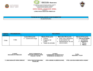 SUBSECRETARÍA DE EDUCACIÓN MEDIA SUPERIOR Y SUPERIOR
DIRECCIÓN GENERAL DE OPERACIÓN DE SERVICIOS
DE EDUCACIÓN MEDIA SUPERIOR Y SUPERIOR
SUBDIRECCIÓN DE FORMACIÓN DOCENTE
CENTRO REGIONAL DE EDUCACIÓN NORMAL
12DNL0001I
LICENCIATURA EN EDUCACIÓN PREESCOLAR
TÉCNICAS DE EVALUACIÓN E INSTRUMENTOS
Escala Estimativa
TIEMPO/
ESPACIO
ORGANIZACIÓN RECURSOS
3 días 3 días
Lunes 03 de junio
 Cuento de la oruga
Martes 04 de junio
 Colores
 Imagenes del
cuento
 Tarjeta de animales
Miercoles 05 de junio
 Ropa para representar
lo que quieren ser
 Representacion de una
obra de teatro.
Viernes 07 de junio
 Foto de la familia.
 Lentejuela
 Pegamento
 Flores
 Marco
ELABORÓ
EDUCADORA EN FORMACIÓN
REVISO COORDINADOR DE
EDUCACIÓN ARTISTICA (ARTES
VISUALES Y TEATRO)
AUTORIZÓ
COORDINADORA DE PROYECTOS DE
INTERVENCION SOCIOEDUCATIVA
Vo.Bo.
EDUCADORA TITULAR
________________________________________________________________
C. LINDA GUADALUPE RIVERA GONZÁLEZ
______________________________________________________
MTRO. TONATIUH PARÁLIZABAL
MAGDALENO
_________________________________________________________
MTRA. ASMINDA CALDERÓN SALGADO.
______________________________________________________________________
MTRA. ALMA DELIA NOEMI GARCIA LAGUNAS
 