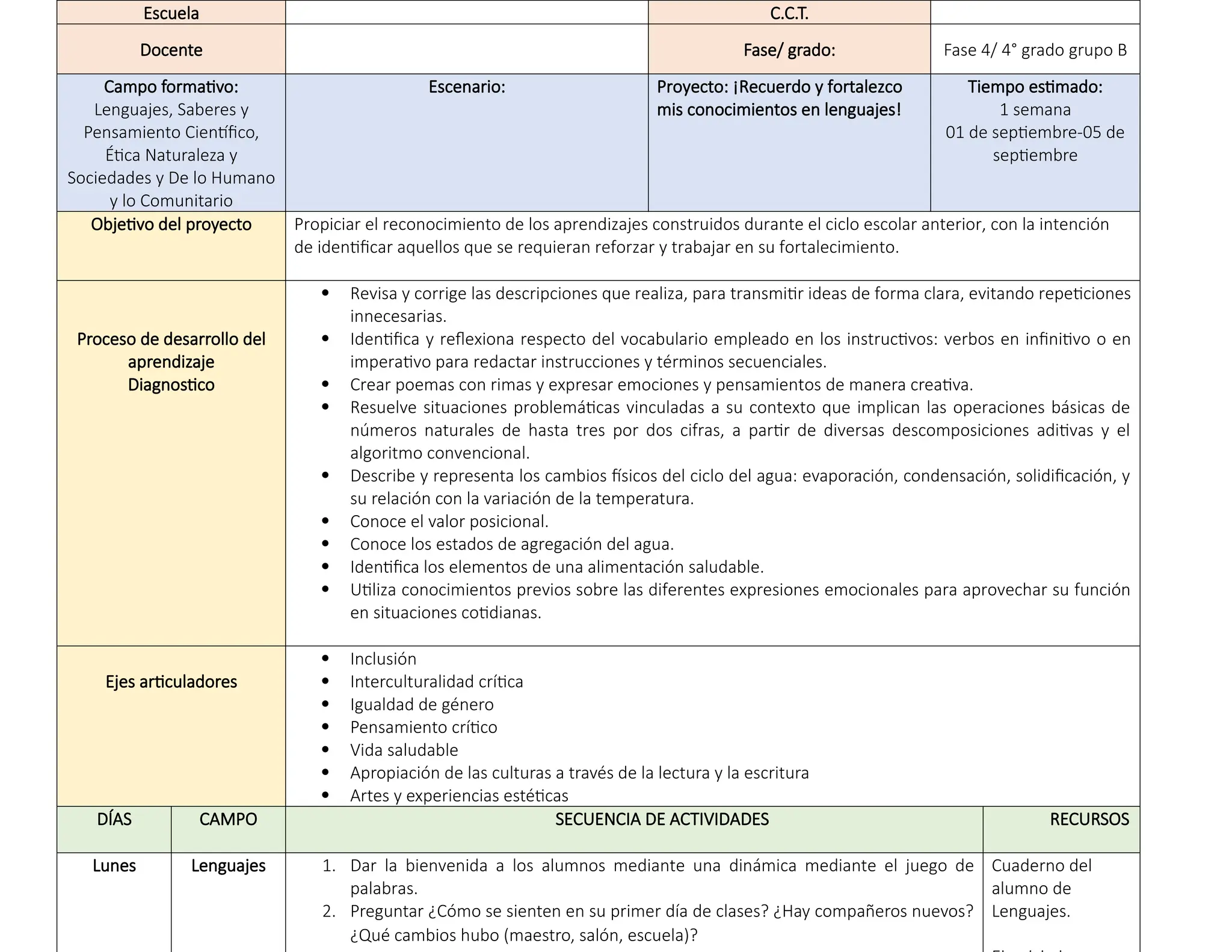 Planeacion semana uno cuarto de primaria | DOCX